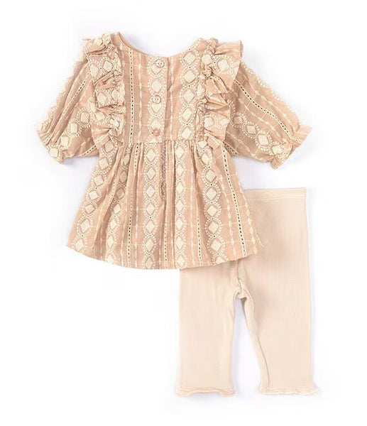 Puffed Sleeve Embroidered Linen-Look Pinafore Dress & Ribbed Capri Leggings Set 12228