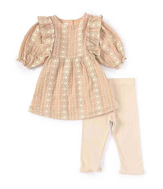 Puffed Sleeve Embroidered Linen-Look Pinafore Dress & Ribbed Capri Leggings Set 12228