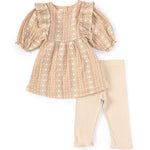 Puffed Sleeve Embroidered Linen-Look Pinafore Dress & Ribbed Capri Leggings Set 12228
