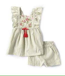 Little Girls 2T-4T Flutter Sleeve Striped/Embroidered Seersucker Tunic Top & Matching Shorts Set 12622