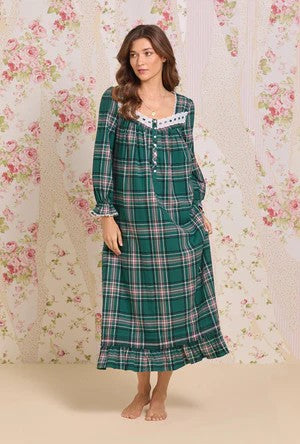 Evergreen Plaid Cotton Flannel Long Sleeve Ballet Nightgown 60109-324
