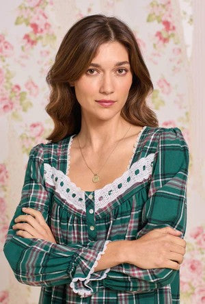 Evergreen Plaid Cotton Flannel Long Sleeve Ballet Nightgown 60109-324
