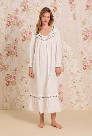 Iconic White Rosevine Embroidered Long Sleeve Cotton Lawn Nightgown 60108-100