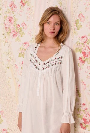 Iconic White Rosevine Embroidered Long Sleeve Cotton Lawn Nightgown 60108-100