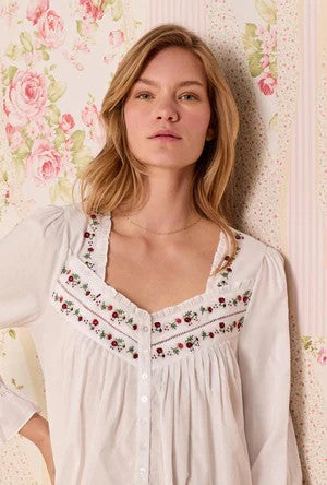 Iconic White Rosevine Embroidered Long Sleeve Cotton Lawn Nightgown 60108-100