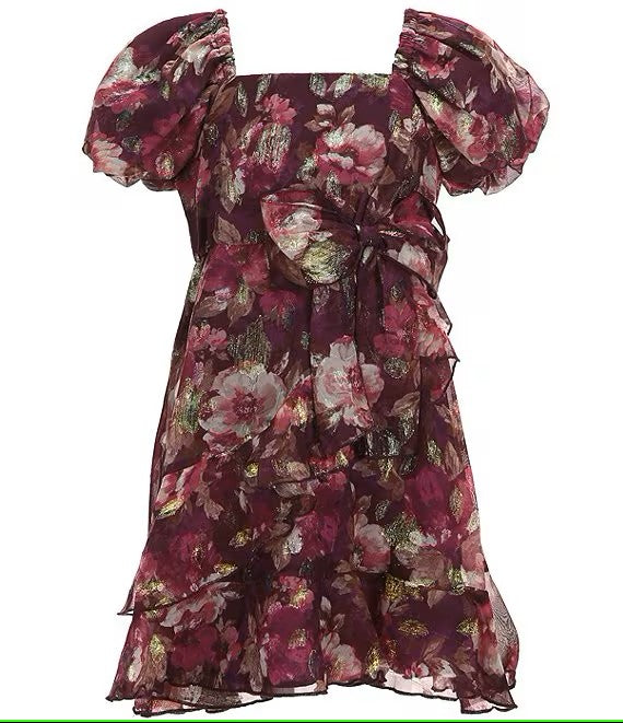 Big Girls 7-16 Puffed Sleeve Printed Lurex Chiffon Jacquard Fit & Flare Dress 12992