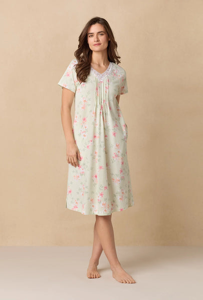 Sage Floral Bloom Waltz Cotton Knit Nightgown 62672-363