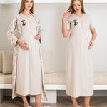 Maternity Nightgown and Dressing Gown / Short Sleeve, Embroidered Nightgown and Patterned Dressing Gown Set - 2289