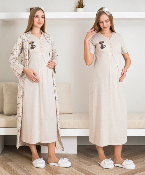 Maternity Nightgown and Dressing Gown / Short Sleeve, Embroidered Nightgown and Patterned Dressing Gown Set - 2289