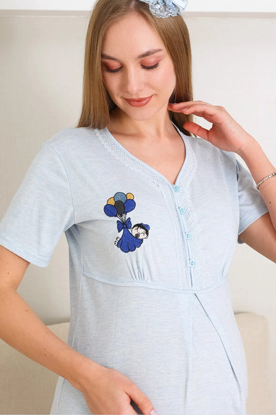Maternity Nightgown and Dressing Gown / Short Sleeve, Embroidered Nightgown and Patterned Dressing Gown Set - 2289