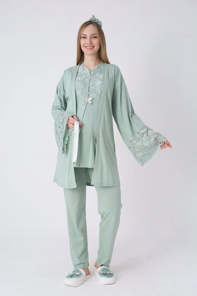 Nursing Pajama Set with Wide Lace Sleeves, 3 Pieces - Luxury Maternity Collection26-3468