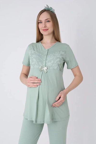 ERDENİZ TEKSTİL  3-Piece Maternity Pajama Set with Lace Details - Maternity Set that Facilitates Breastfeeding 3466