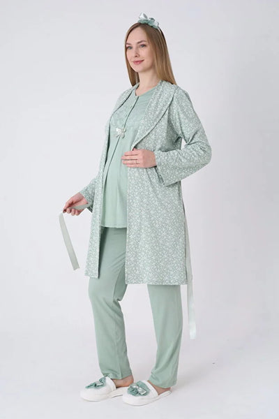 ERDENİZ TEKSTİL  3-Piece Maternity Pajama Set with Lace Details - Maternity Set that Facilitates Breastfeeding 3466