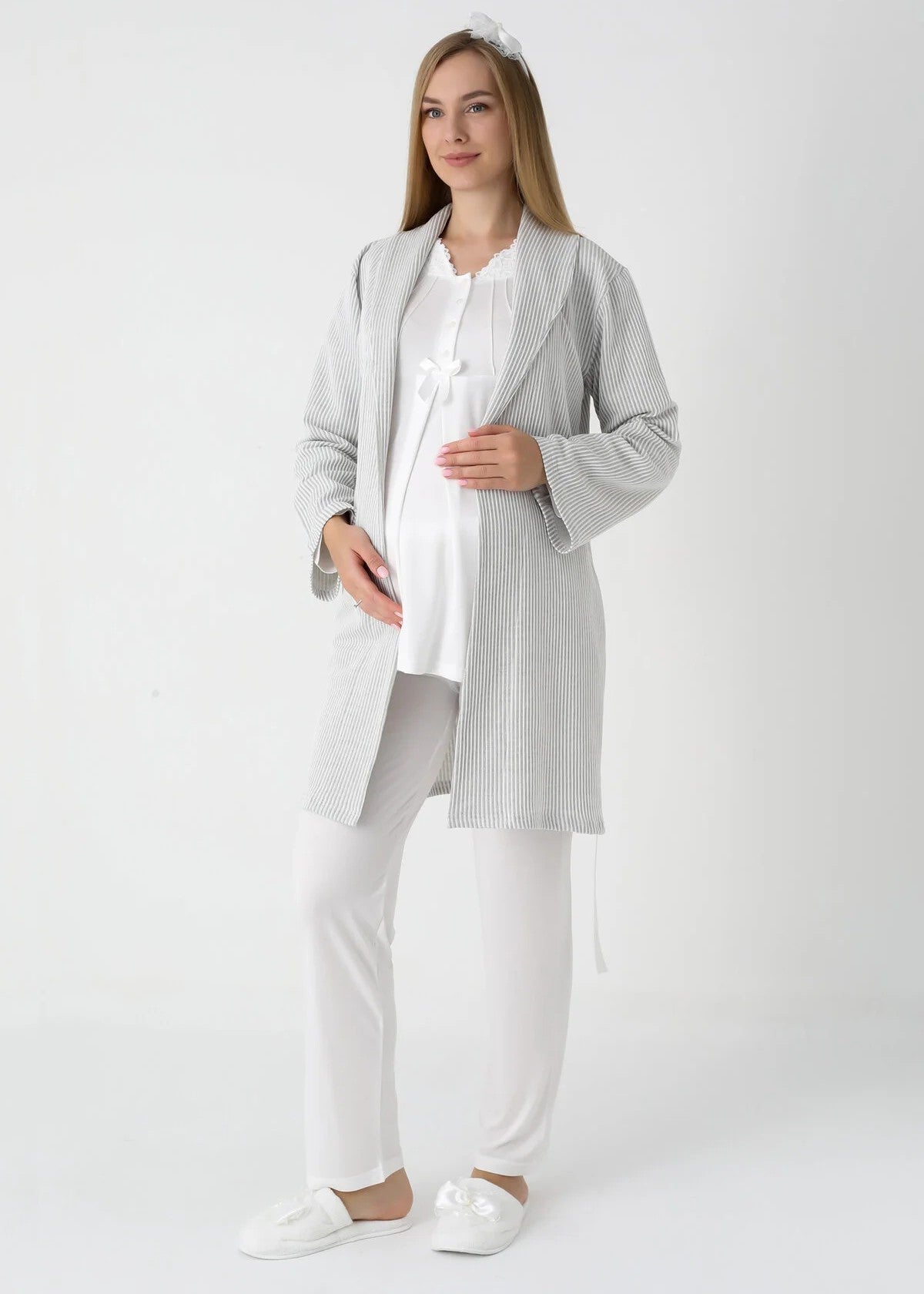 Maternity and  pajama and nightgown set, long sleeve button front 25-3442