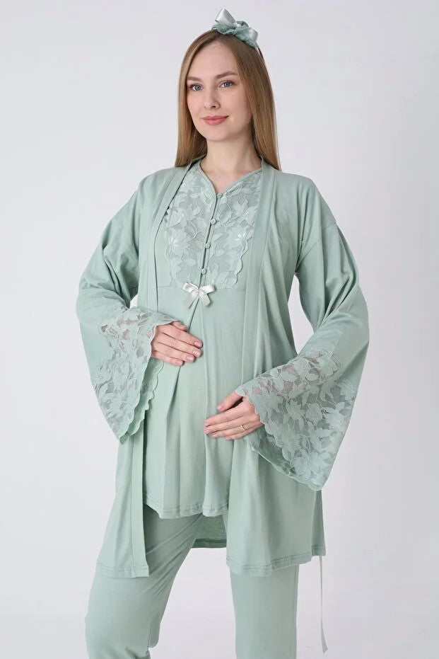 Nursing Pajama Set with Wide Lace Sleeves, 3 Pieces - Luxury Maternity Collection26-3468