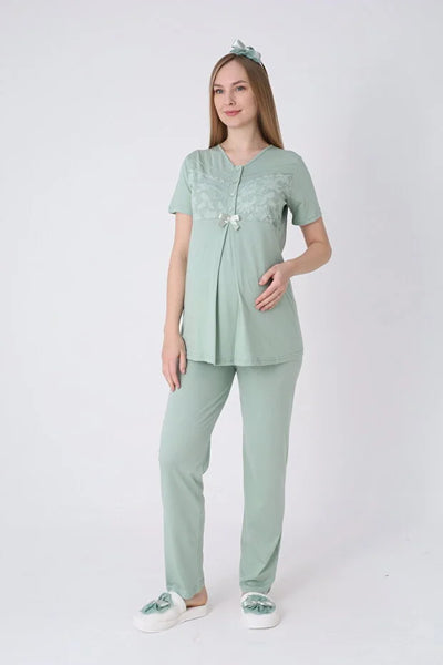 ERDENİZ TEKSTİL  3-Piece Maternity Pajama Set with Lace Details - Maternity Set that Facilitates Breastfeeding 3466