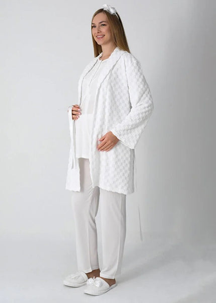 3-Piece Set - Cotton Button-Down Pajamas with Square Jacquard Robe 25-3453