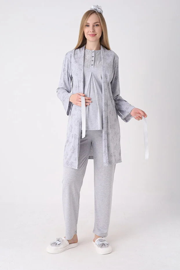 ERDENİZ TEKSTİL  Maternity Sleepwear Set, 3 Pieces, Floral Design, Buttons on the Chest, Made of Cotton and Viscose 3471