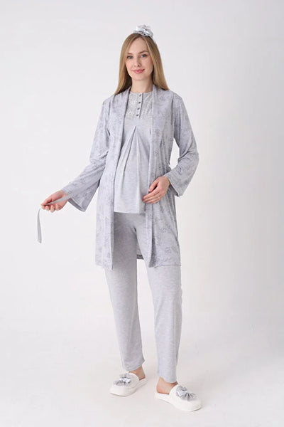ERDENİZ TEKSTİL  Maternity Sleepwear Set, 3 Pieces, Floral Design, Buttons on the Chest, Made of Cotton and Viscose 3477