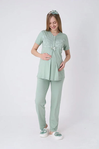 ERDENİZ TEKSTİL  3-Piece Maternity Pajama Set with Lace Details - Maternity Set that Facilitates Breastfeeding 3466