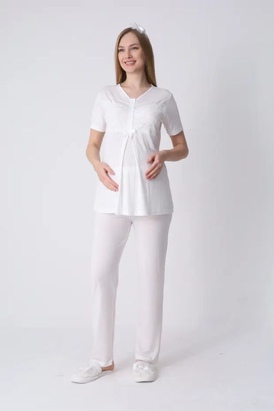 ERDENİZ TEKSTİL  3-Piece Maternity Pajama Set with Lace Details - Maternity Set that Facilitates Breastfeeding 3466