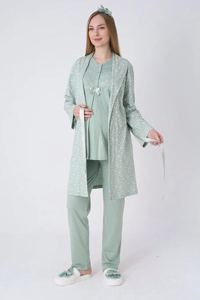 ERDENİZ TEKSTİL  3-Piece Maternity Pajama Set with Lace Details - Maternity Set that Facilitates Breastfeeding 3466