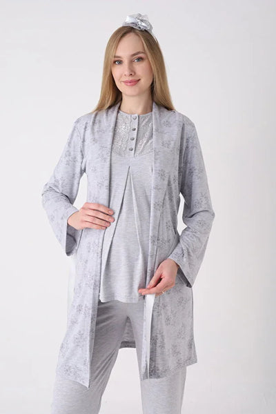 ERDENİZ TEKSTİL  Maternity Sleepwear Set, 3 Pieces, Floral Design, Buttons on the Chest, Made of Cotton and Viscose 3477