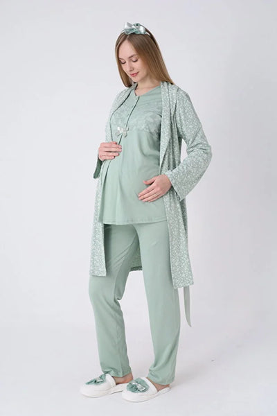 ERDENİZ TEKSTİL  3-Piece Maternity Pajama Set with Lace Details - Maternity Set that Facilitates Breastfeeding 3466