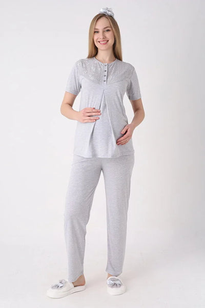 ERDENİZ TEKSTİL  Maternity Sleepwear Set, 3 Pieces, Floral Design, Buttons on the Chest, Made of Cotton and Viscose 3477
