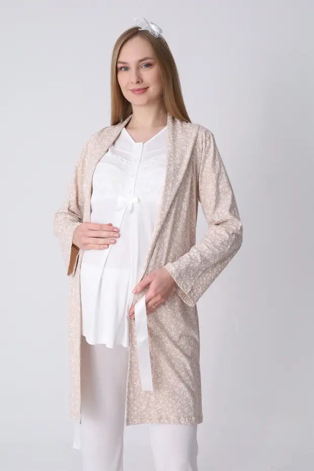 ERDENİZ TEKSTİL  3-Piece Maternity Pajama Set with Lace Details - Maternity Set that Facilitates Breastfeeding 3466