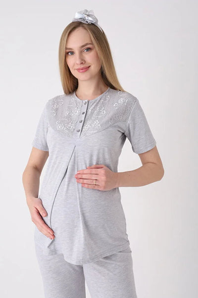 ERDENİZ TEKSTİL  Maternity Sleepwear Set, 3 Pieces, Floral Design, Buttons on the Chest, Made of Cotton and Viscose 3477