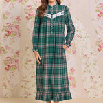 Evergreen Plaid Cotton Flannel High Neck Long Sleeve Ballet Nightgown 70109-324