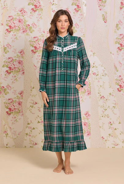 Evergreen Plaid Cotton Flannel High Neck Long Sleeve Ballet Nightgown 70109-324