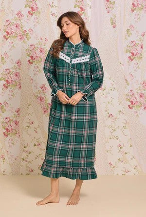 Evergreen Plaid Cotton Flannel High Neck Long Sleeve Ballet Nightgown 70109-324