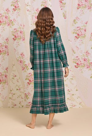 Evergreen Plaid Cotton Flannel High Neck Long Sleeve Ballet Nightgown 70109-324