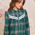 Evergreen Plaid Cotton Flannel High Neck Long Sleeve Ballet Nightgown 70109-324