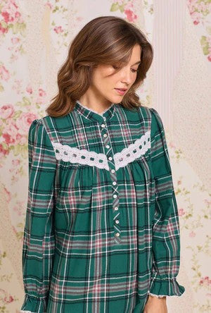 Evergreen Plaid Cotton Flannel High Neck Long Sleeve Ballet Nightgown 70109-324