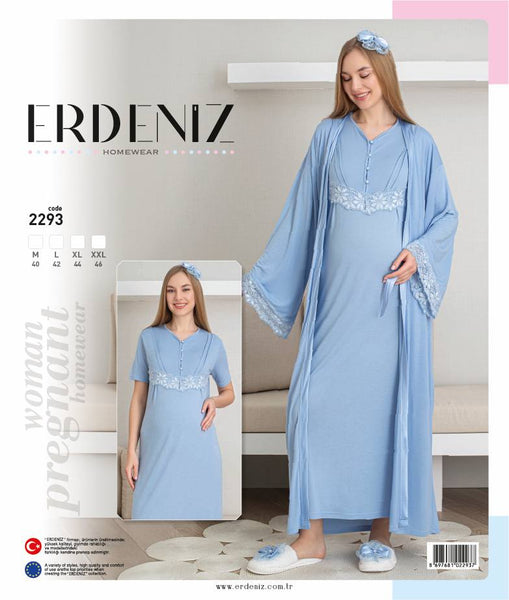 Maternity Nightgown Set Buttoned Front 2-Piece Nightgown and Dressing Gown Set Short Sleeve Nightgown & Long Sleeve Dressing Gown - 2293