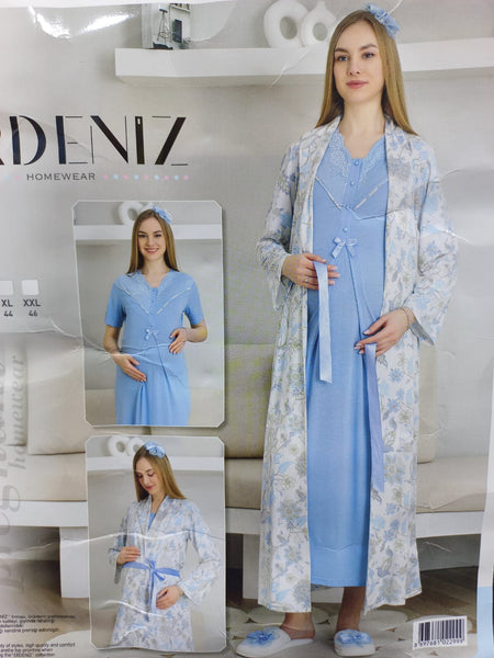 Maternity Nightgown Set Buttoned Front 2-Piece Nightgown and Dressing Gown Set Short Sleeve Nightgown & Long Sleeve Dressing Gown 2299