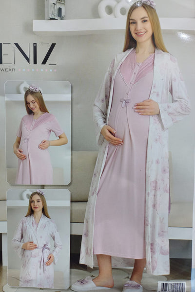 Maternity Nightgown Set Buttoned Front 2-Piece Nightgown and Dressing Gown Set Short Sleeve Nightgown & Long Sleeve Dressing Gown 2299