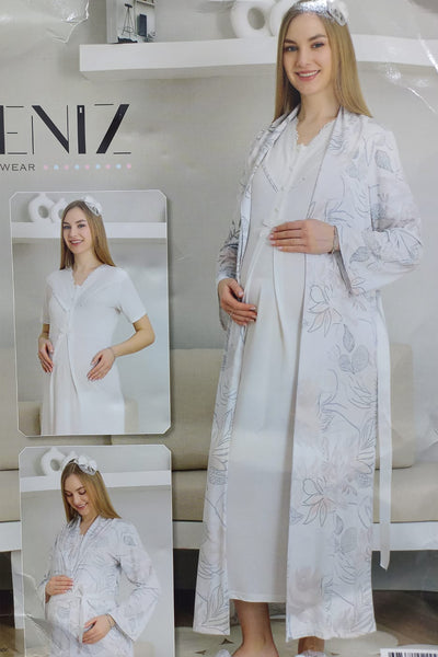 Maternity Nightgown Set Buttoned Front 2-Piece Nightgown and Dressing Gown Set Short Sleeve Nightgown & Long Sleeve Dressing Gown 2299