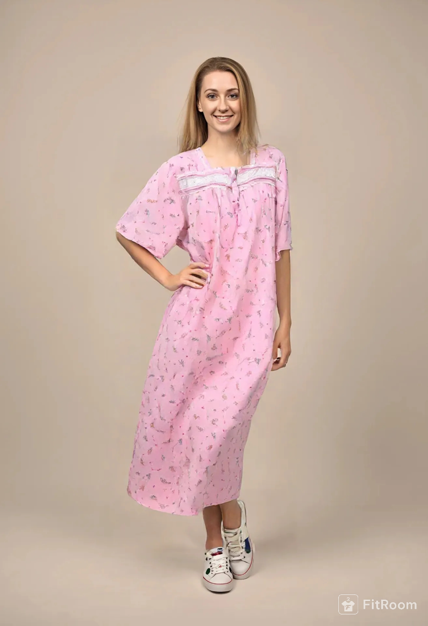 Light pure cotton half-sleeve dress with lace and front buttons 25-01-A-1