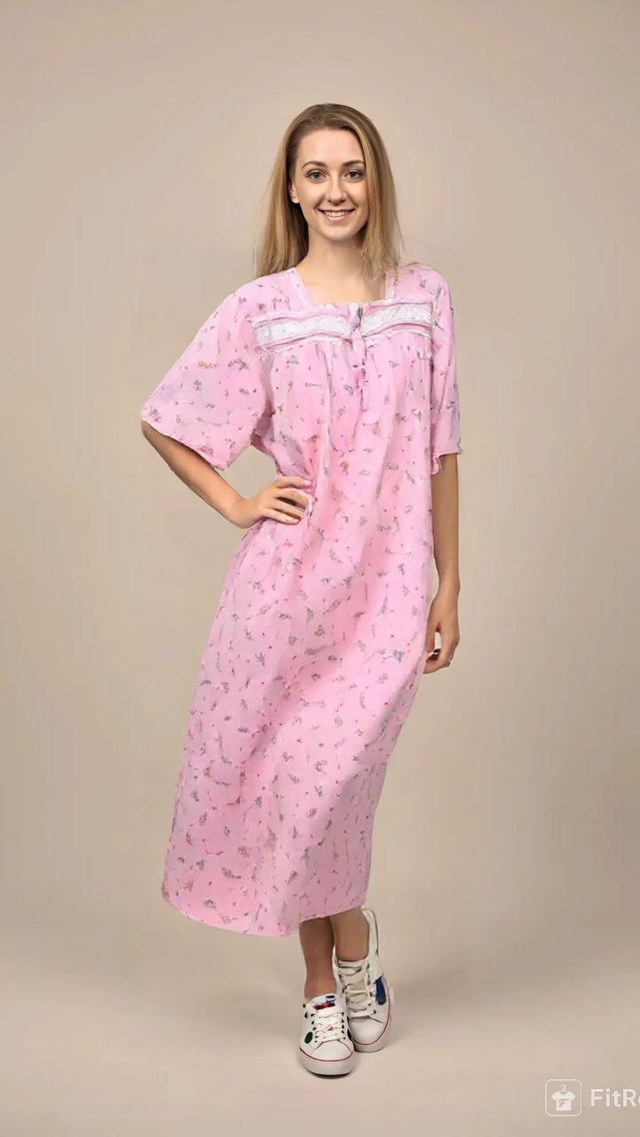 Light pure cotton half-sleeve dress with lace and front buttons 25-01-A-1