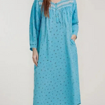 Long-sleeved dress in lightweight pure cotton with lace and front buttons 25-01-B-2