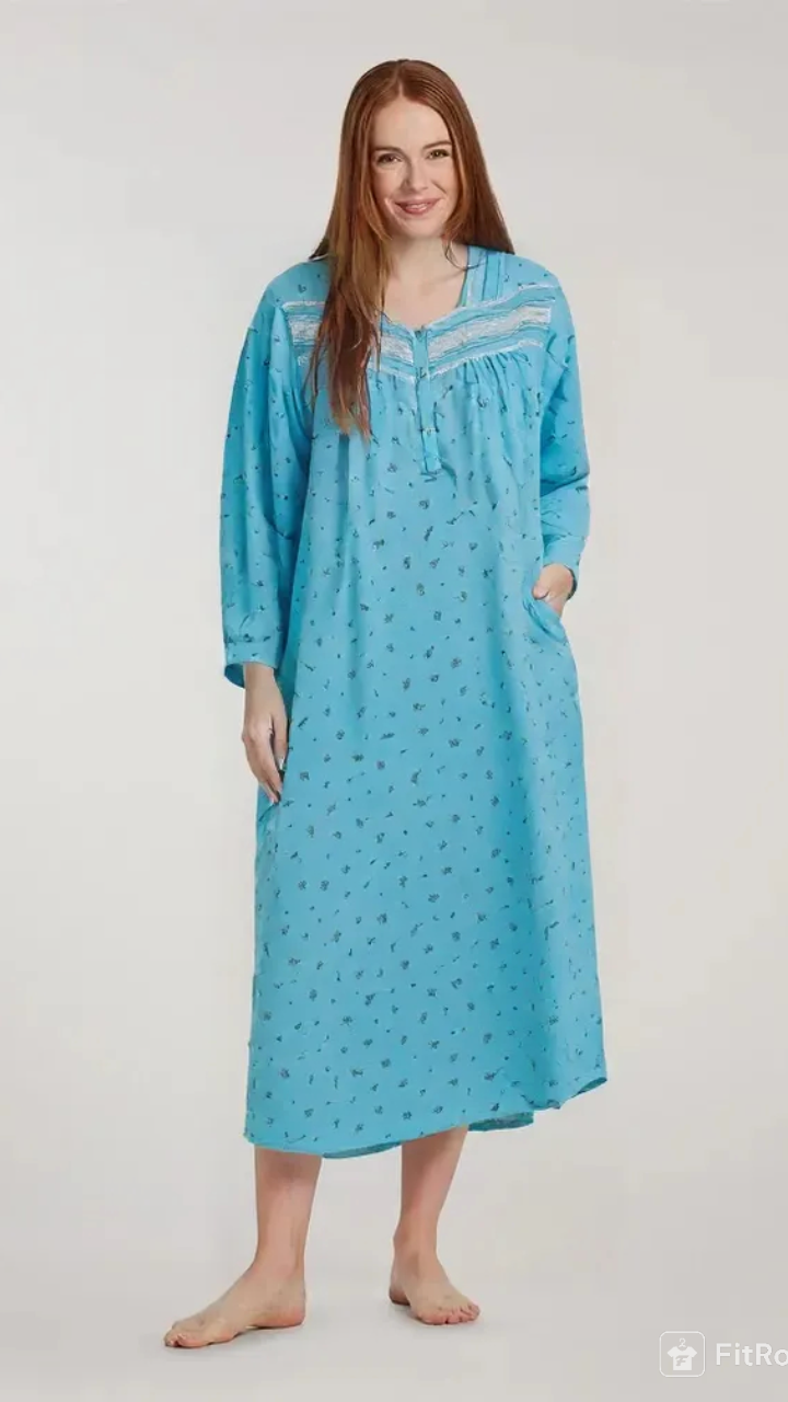 Long-sleeved dress in lightweight pure cotton with lace and front buttons 25-01-B-2