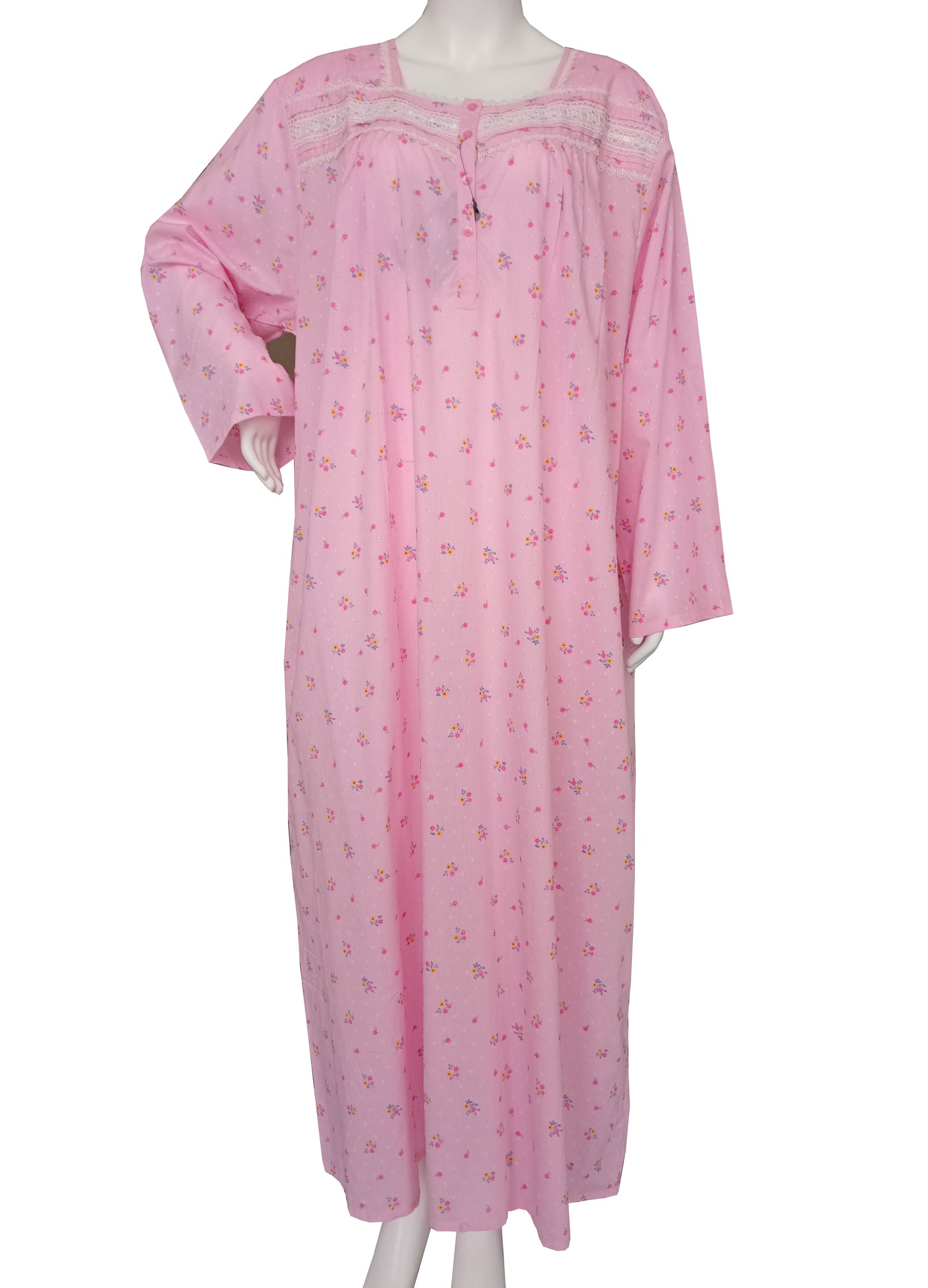 Long-sleeved dress in lightweight pure cotton with lace and front buttons 25-01-B-1