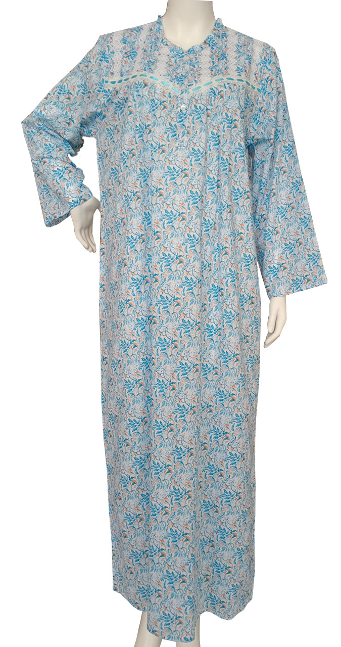 Long-sleeved dress in lightweight pure cotton with lace and front buttons 25-04-B-2