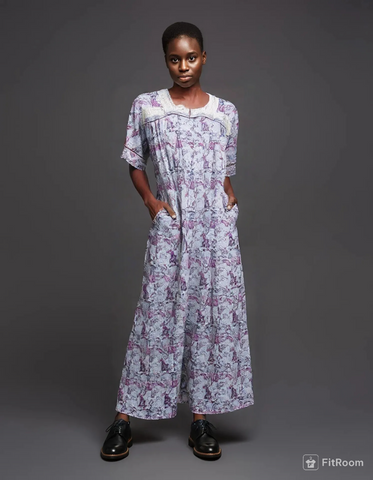 Heavyweight pure cotton half-sleeve dress with lace and 30cm zipper 25-08-A-1