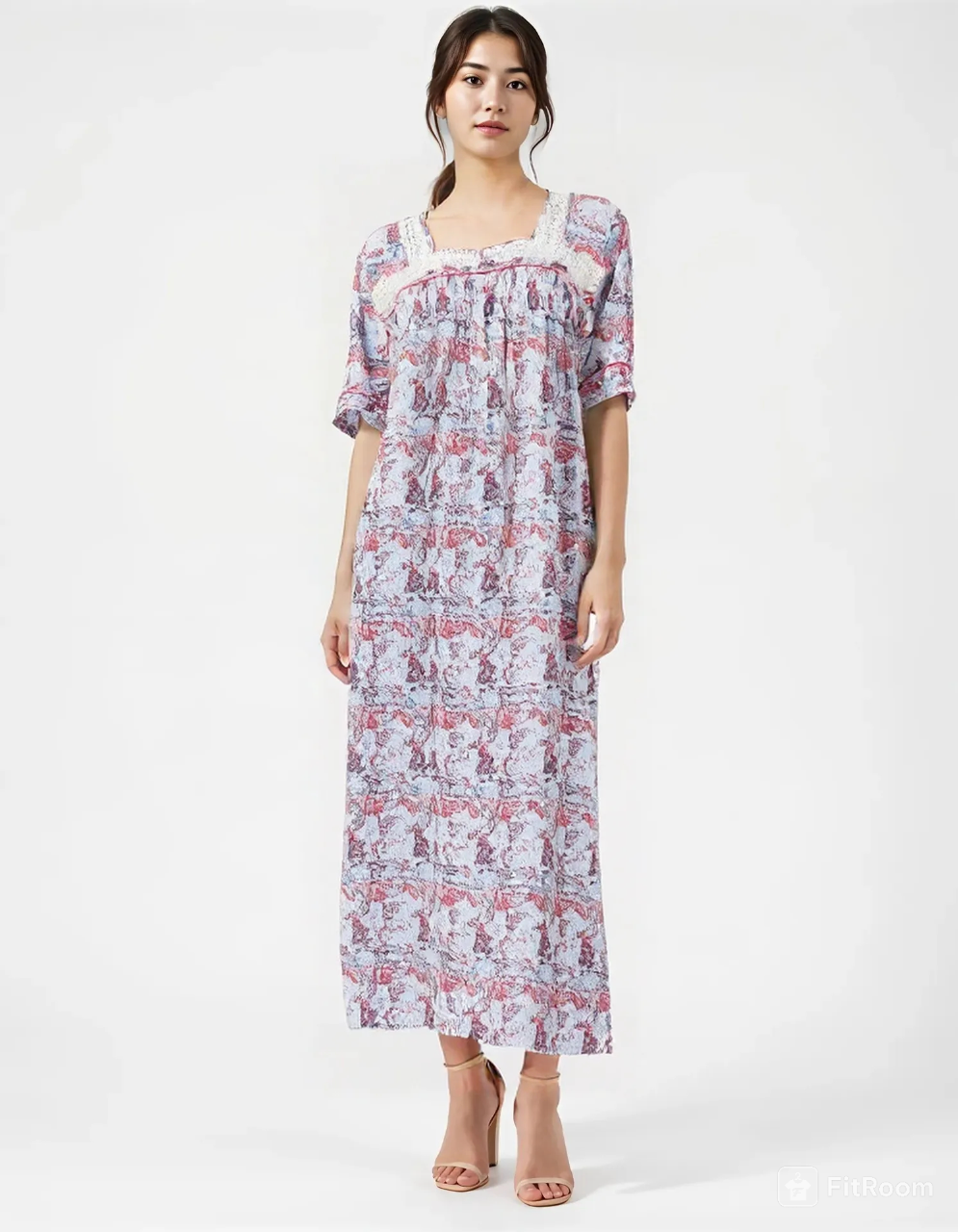 Heavyweight pure cotton half-sleeve dress with lace and 30cm zipper 25-08-A-3