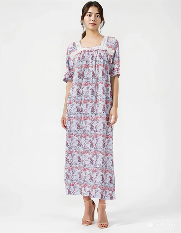 Heavyweight pure cotton half-sleeve dress with lace and 30cm zipper 25-08-A-3